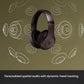 Dark brown Beats Studio Pro headphones demonstrating Personalized Spatial Audio with dynamic head tracking through surrounding soundwave graphics.