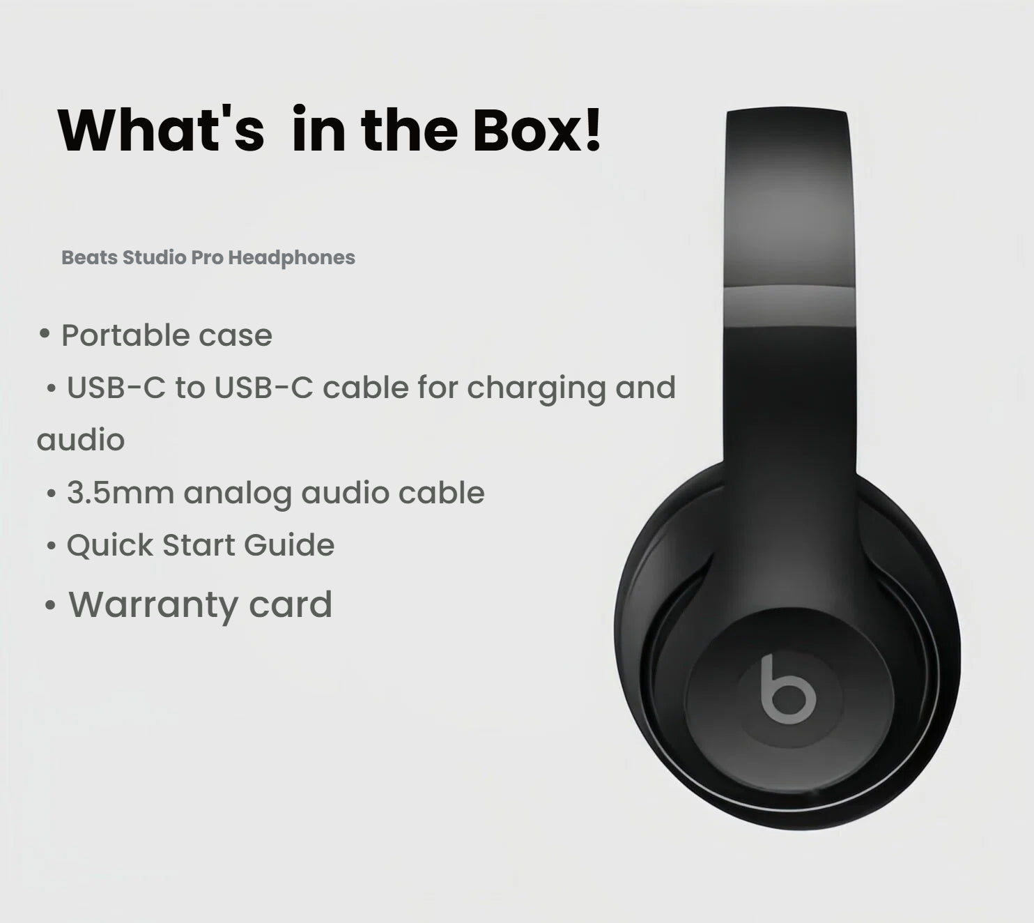 What's in the box for the Beats Studio Pro: headphones, a portable carrying case, USB-C cable for charging and audio, 3.5mm audio cable, and guides.