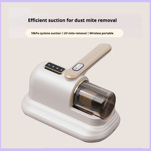 Image of a compact handheld vacuum cleaner in a beige and white color scheme. The vacuum features a transparent dustbin and a simple control panel on top of the handle. The design is sleek and minimalistic, suitable for efficiently cleaning small areas or furniture