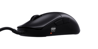 Black CHERRY XTRFY M42V2 wired gaming mouse, side and front angle