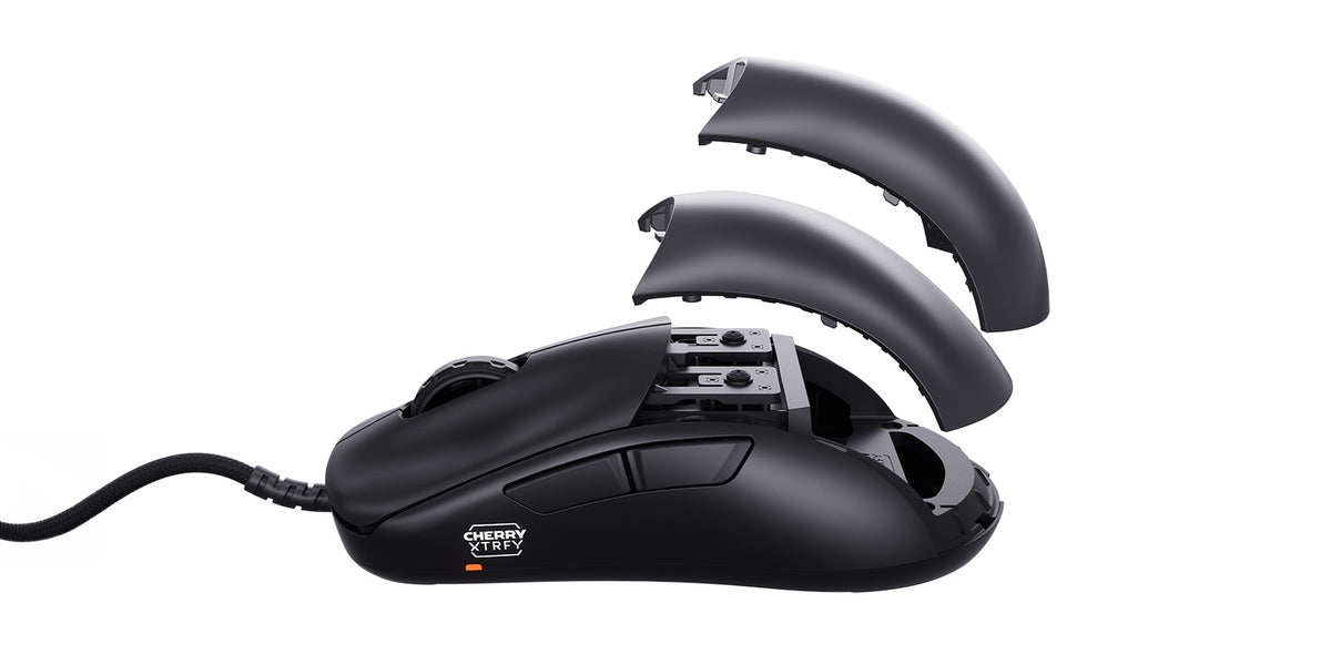 CHERRY XTRFY M42V2 with its two interchangeable back shells shown above the mouse