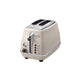 Side profile view of the De'Longhi Icona Vintage 2-Slice Toaster (CTOV2003) in a classic retro cream beige finish with chrome accents.