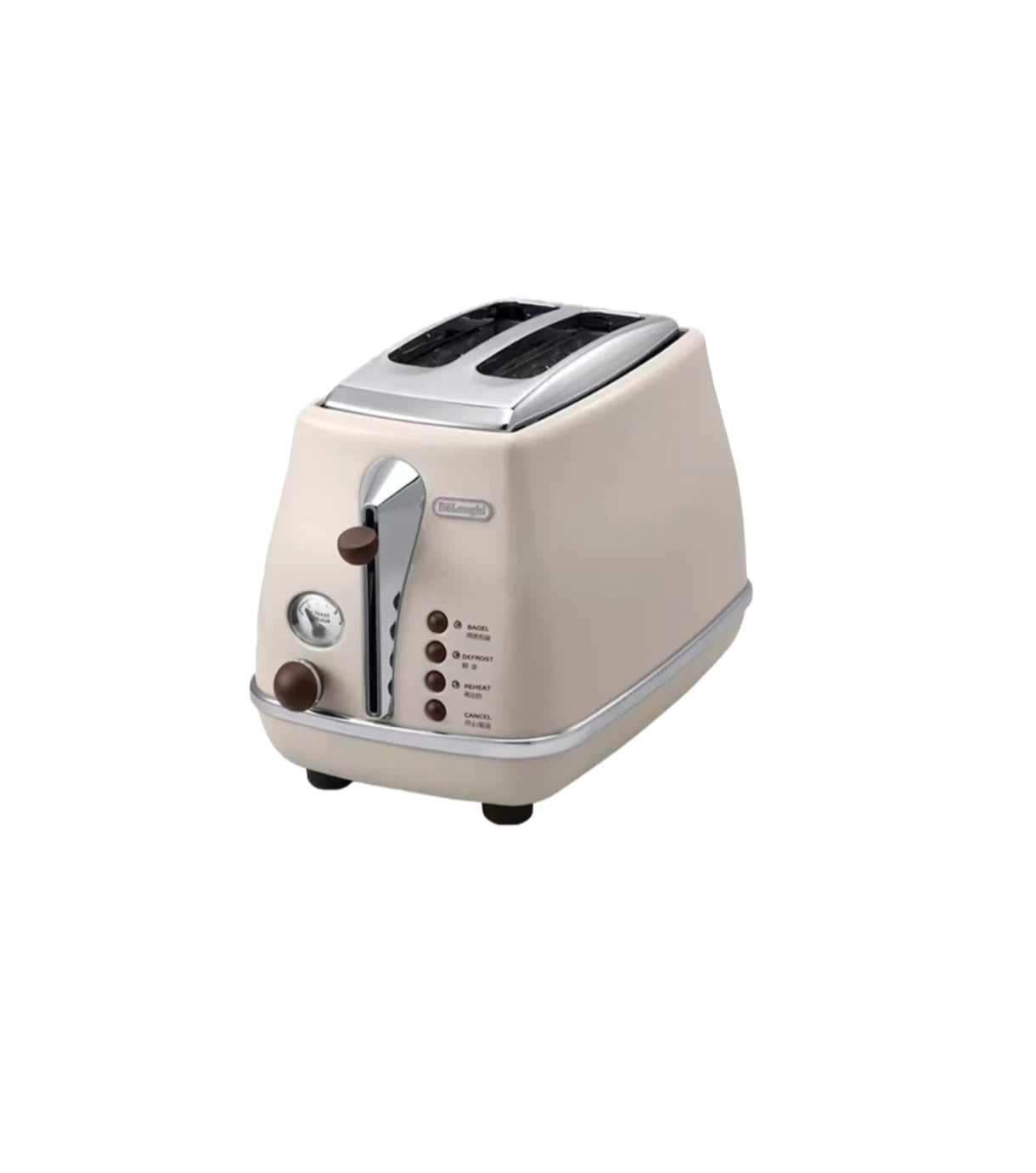 Side profile view of the De'Longhi Icona Vintage 2-Slice Toaster (CTOV2003) in a classic retro cream beige finish with chrome accents.