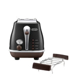 De'Longhi lcona Capitals 2 Slice De'Longhi Icona Vintage 2-Slice Toaster in high-gloss black with its separate chrome pastry warming rack displayed alongside.