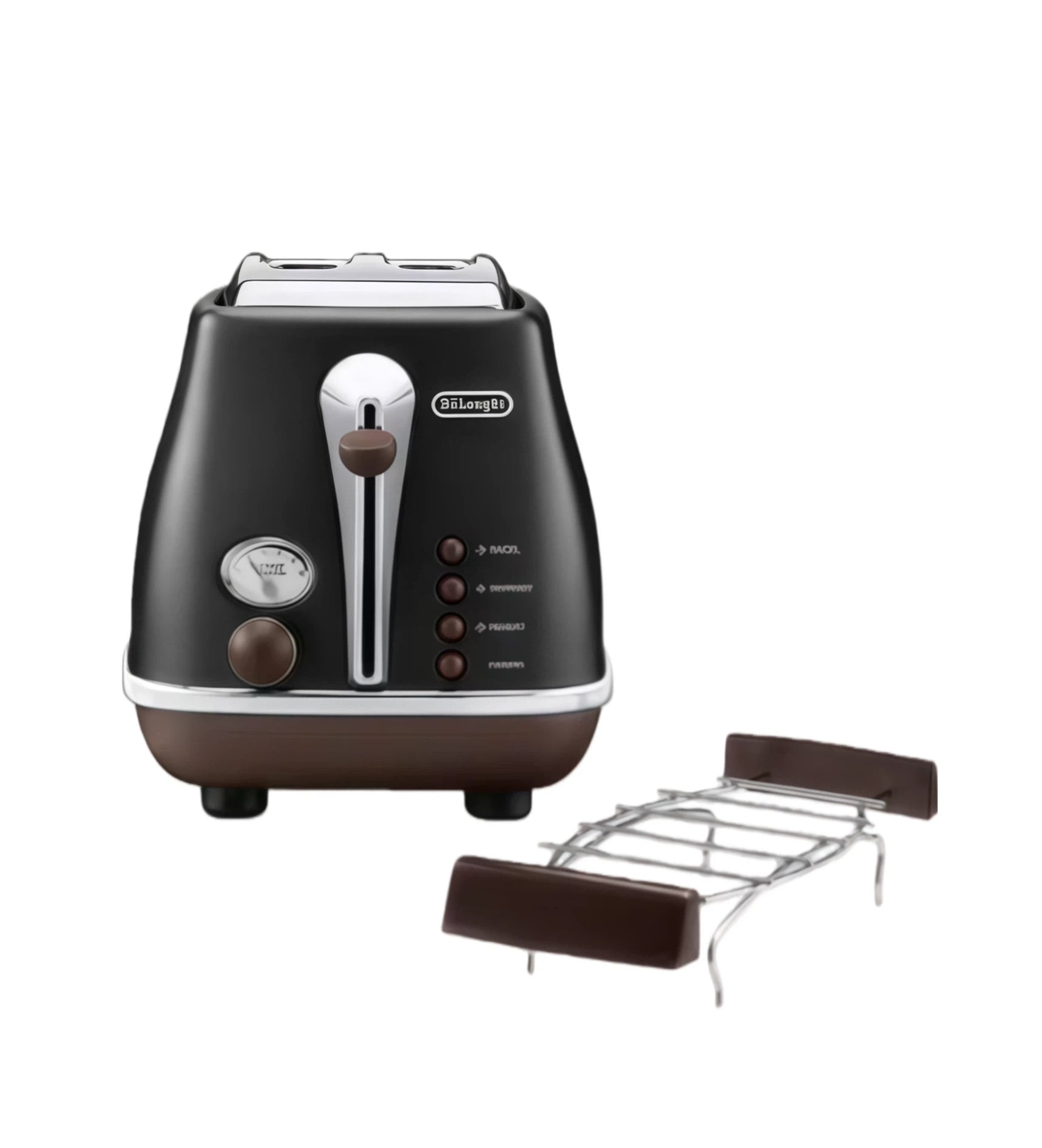 De'Longhi lcona Capitals 2 Slice De'Longhi Icona Vintage 2-Slice Toaster in high-gloss black with its separate chrome pastry warming rack displayed alongside.