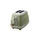 The stylish De'Longhi Icona Vintage 2-Slice Toaster shown in a sophisticated olive green colour, highlighting its retro Italian design.