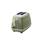 The stylish De'Longhi Icona Vintage 2-Slice Toaster shown in a sophisticated olive green colour, highlighting its retro Italian design.