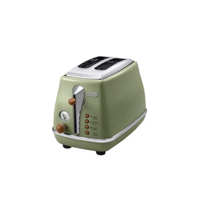 The stylish De'Longhi Icona Vintage 2-Slice Toaster shown in a sophisticated olive green colour, highlighting its retro Italian design.