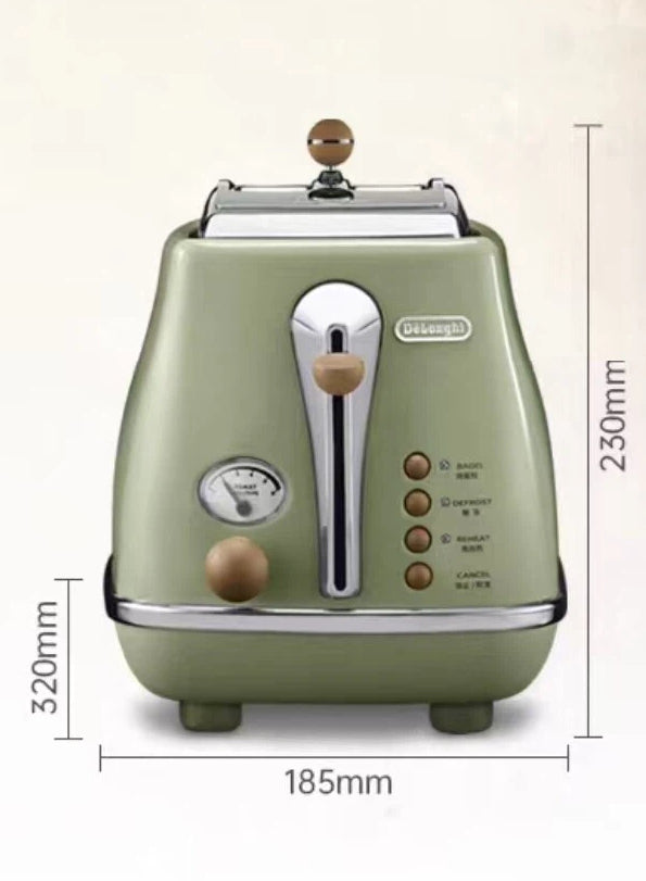 Diagram showing the exact dimensions of the De'Longhi Icona Vintage toaster: 185mm width, 320mm depth, and 230mm height