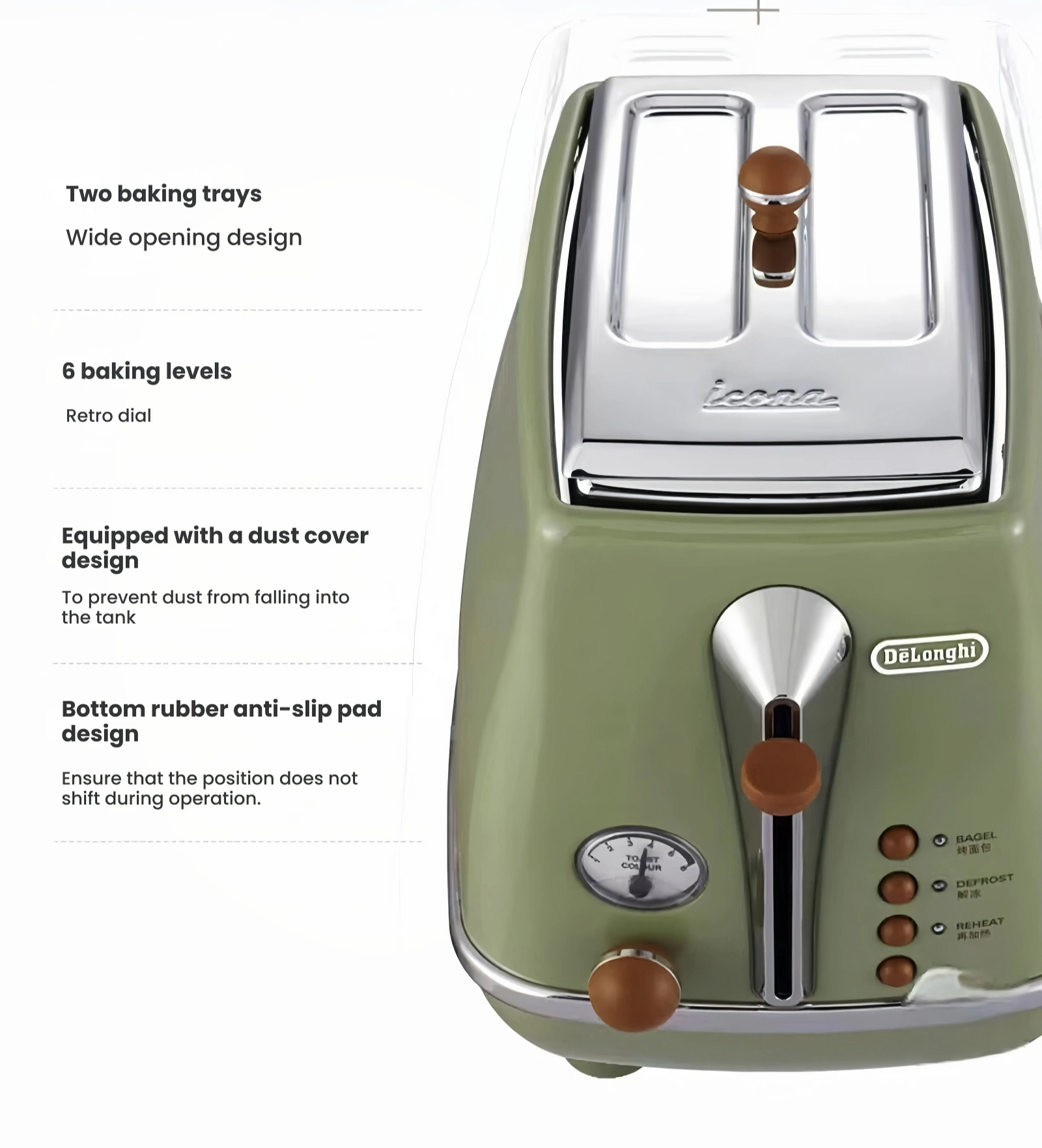 Infographic highlighting the premium design details of the De'Longhi Icona toaster, such as the wide baking trays, retro browning dial, and anti-slip feet.