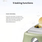 Infographic showing the double-sided baking function of the De'Longhi Icona Vintage toaster, which toasts bread evenly and pops up automatically