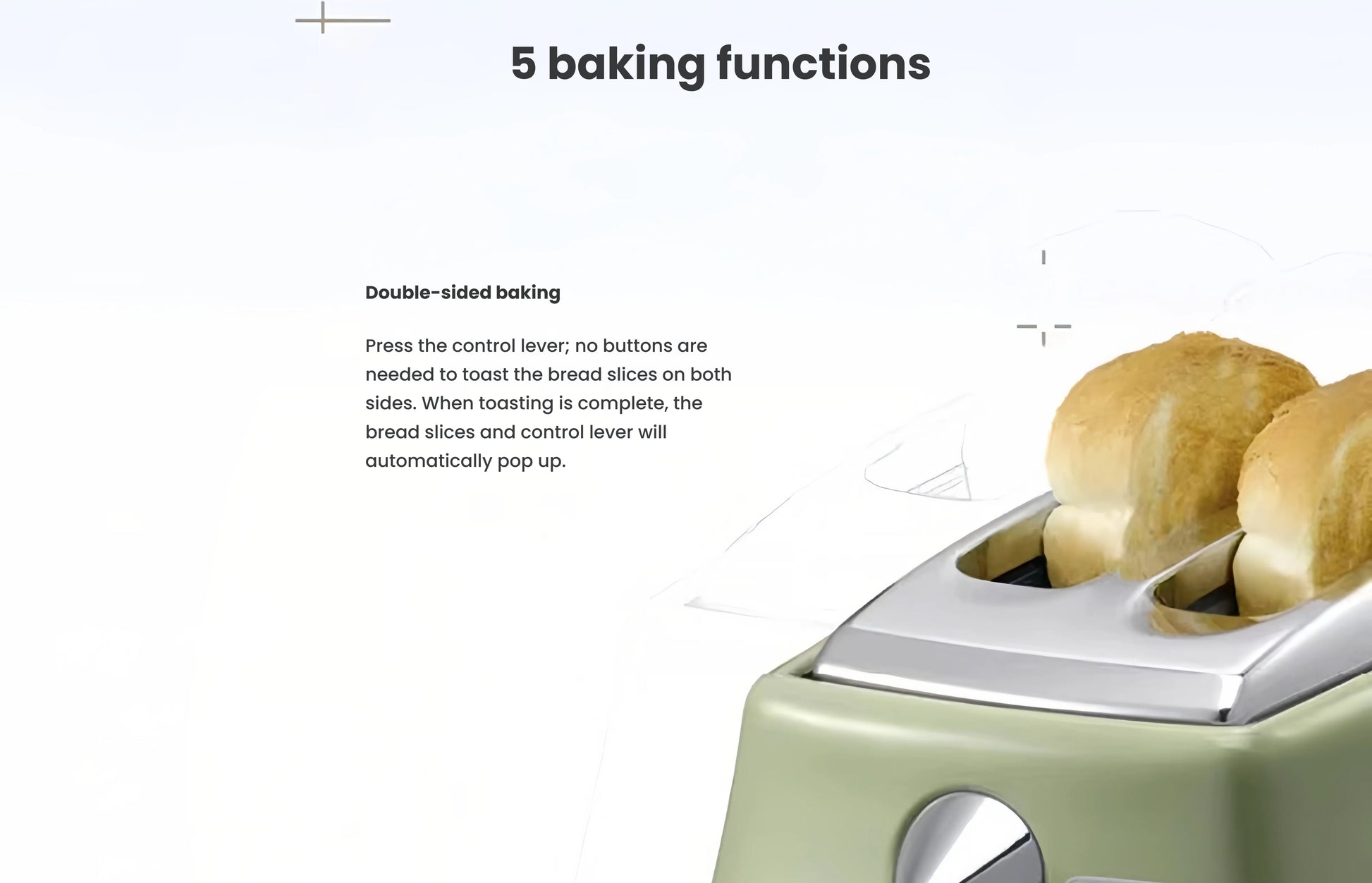 Infographic showing the double-sided baking function of the De'Longhi Icona Vintage toaster, which toasts bread evenly and pops up automatically