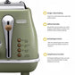 A detailed view of the De'Longhi Icona Vintage toaster's electronic controls, highlighting the bagel, defrost, reheat, and cancel functions