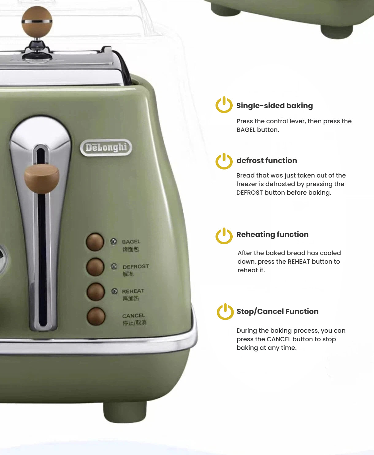 A detailed view of the De'Longhi Icona Vintage toaster's electronic controls, highlighting the bagel, defrost, reheat, and cancel functions
