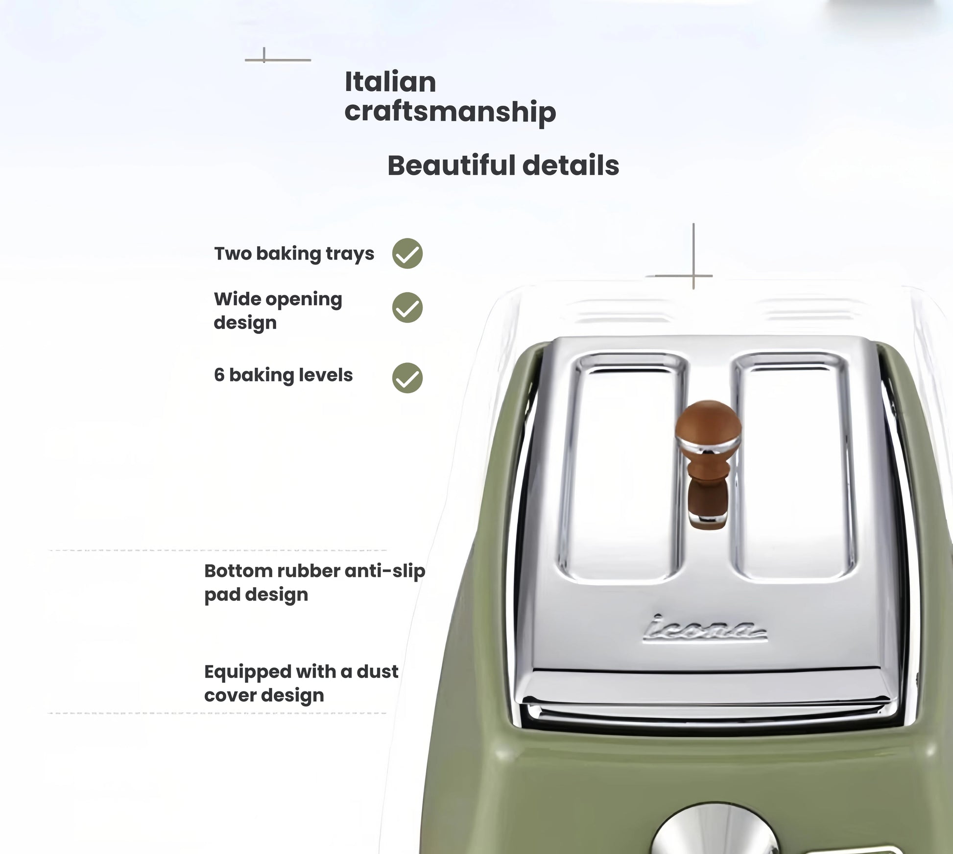 Close-up on the top of the De'Longhi Icona Vintage toaster, detailing its wide slots for various breads, 6 baking levels, and included dust cover.