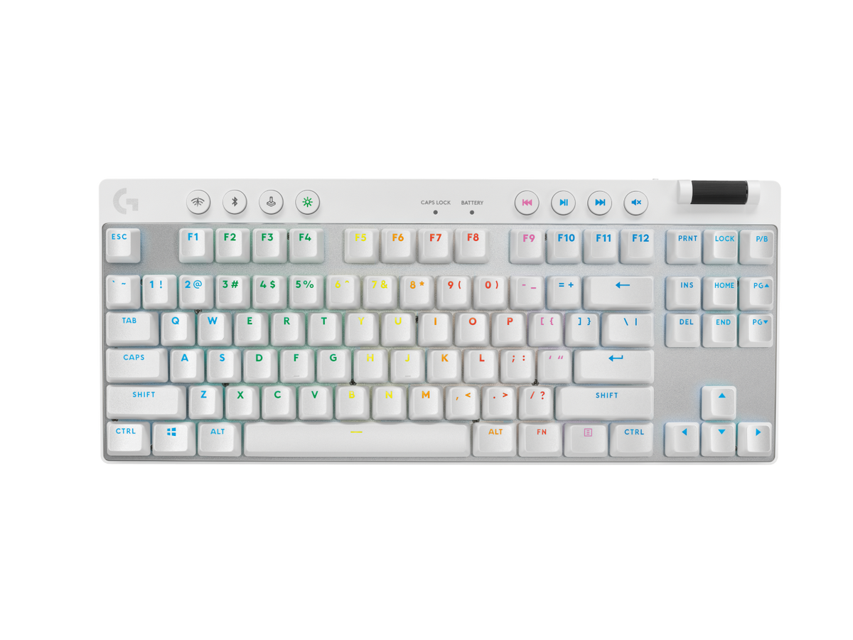 White Logitech PRO X TKL Wireless keyboard, official front view with clear key legends