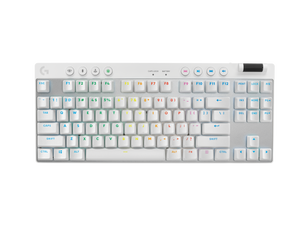 White Logitech PRO X TKL Wireless keyboard, official front view with clear key legends