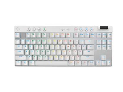 White Logitech PRO X TKL Wireless keyboard, official front view with clear key legends