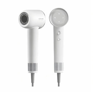  The Dreame Hair Glory high-speed hair dryer in white, showing the front nozzle view and the back view with its button controls and air intake grille.