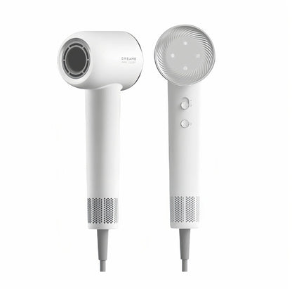  The Dreame Hair Glory high-speed hair dryer in white, showing the front nozzle view and the back view with its button controls and air intake grille.