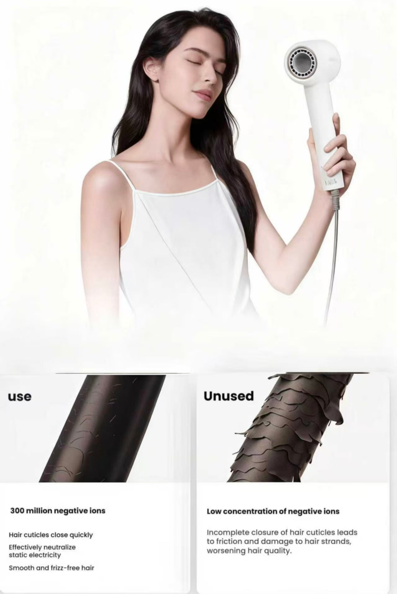  A woman with smooth, shiny hair next to a before-and-after diagram of hair cuticles, demonstrating how the Dreame Hair Glory's 300 million negative ions smooth hair and eliminate frizz.