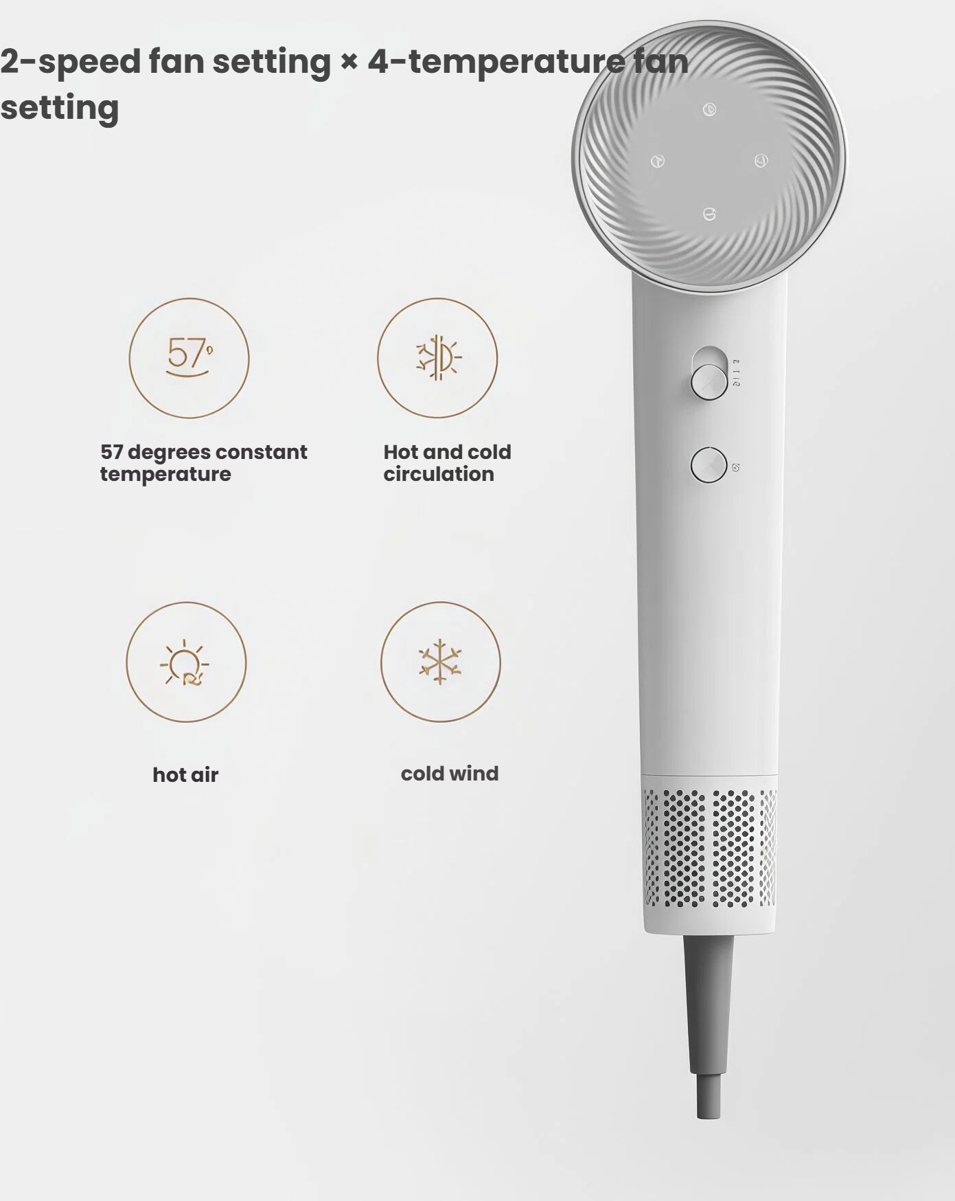 A guide to the versatile settings of the Dreame Hair Glory, showing its 2-speed fan settings and 4-temperature settings including 57 degrees constant, hot and cold circulation, hot air, and cold wind