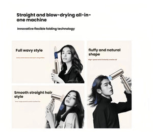 An infographic demonstrating the versatile all-in-one styling capabilities of the Dreame Pocket hair dryer for creating wavy, fluffy, and smooth straight hair styles.