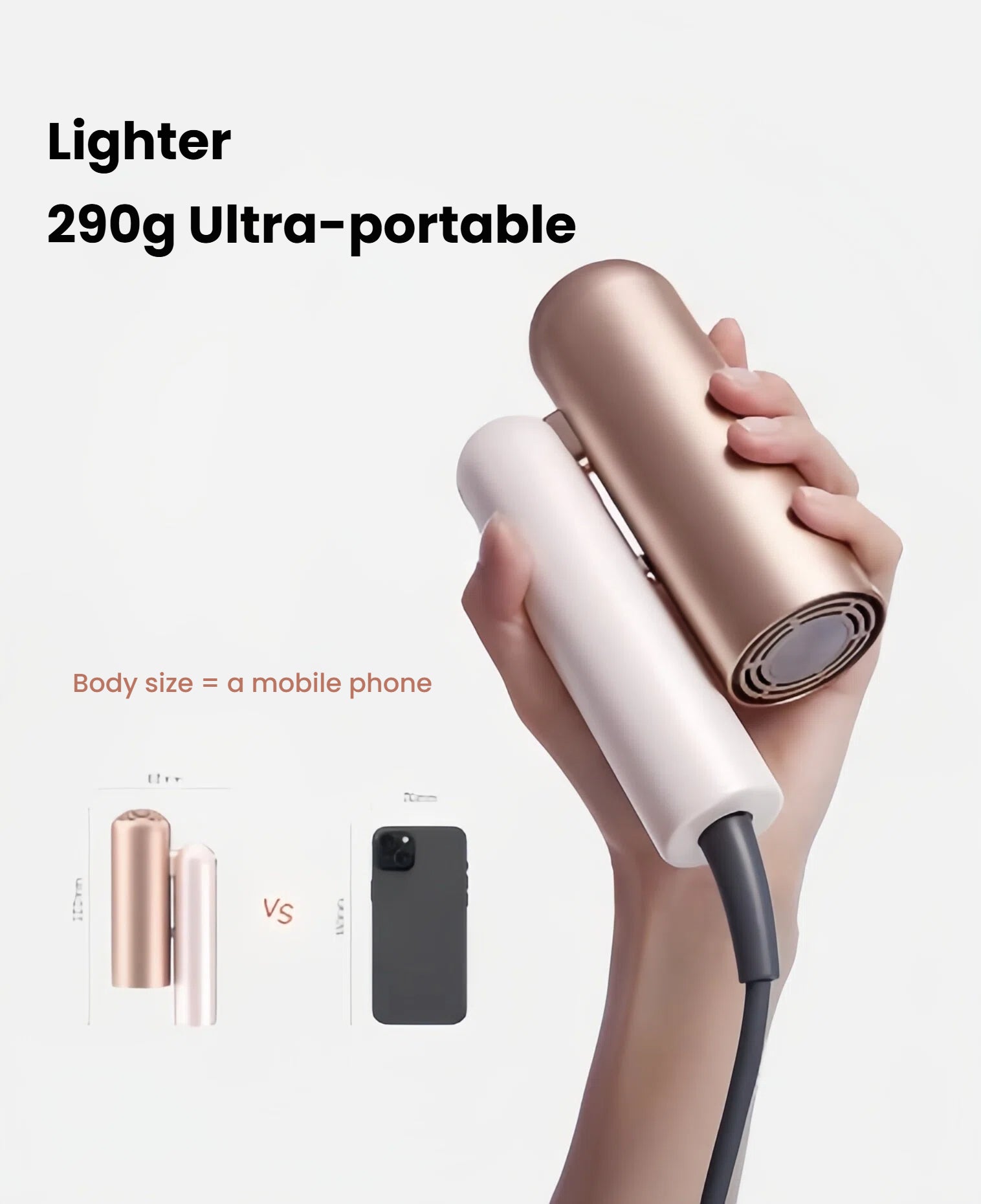 An infographic demonstrating the ultra-portable and lightweight 290g design of the Dreame Pocket Uni hair dryer, comparing its compact, foldable size to a mobile phone.