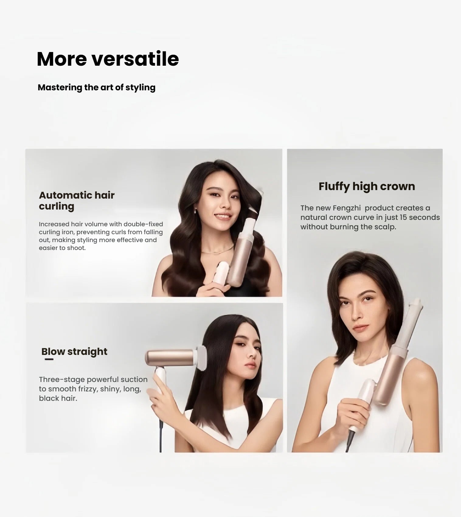 An infographic showing the versatile styling capabilities of the Dreame Pocket Uni, demonstrating the use of its attachments for automatic hair curling, creating a fluffy crown, and blow-drying straight.