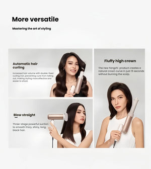 An infographic showing the versatile styling capabilities of the Dreame Pocket Uni, demonstrating the use of its attachments for automatic hair curling, creating a fluffy crown, and blow-drying straight.