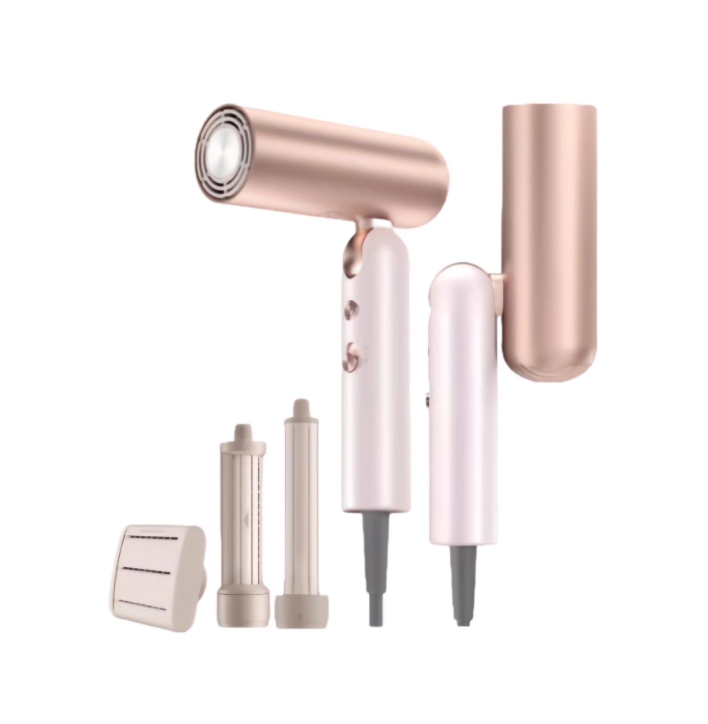 The full Dreame Pocket Uni portable high-speed hair dryer kit, including the foldable dryer in rose gold and white, and all magnetic styling attachments.