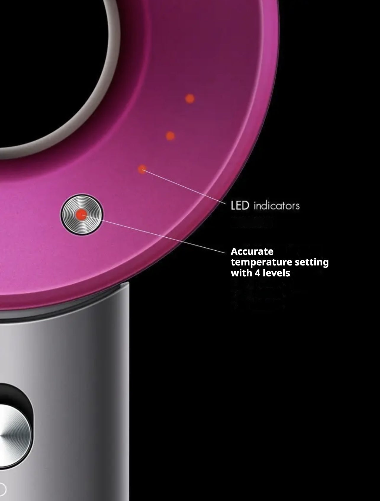 Image of a modern hair dryer with a unique hollow circular design at the front and a sleek matte finish. The front view shows the nozzle with a pink ring, while the side view highlights the cylindrical, compact shape. The dryer features multiple buttons and controls on the handle, with visible internal components, suggesting advanced technology for drying efficiency