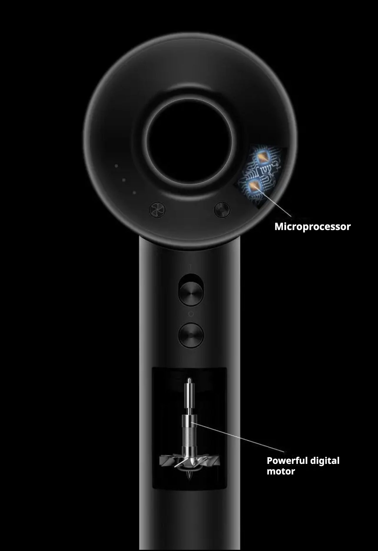Image of a modern hair dryer with a unique hollow circular design at the front and a sleek matte finish. The front view shows the nozzle with a pink ring, while the side view highlights the cylindrical, compact shape. The dryer features multiple buttons and controls on the handle, with visible internal components, suggesting advanced technology for drying efficiency