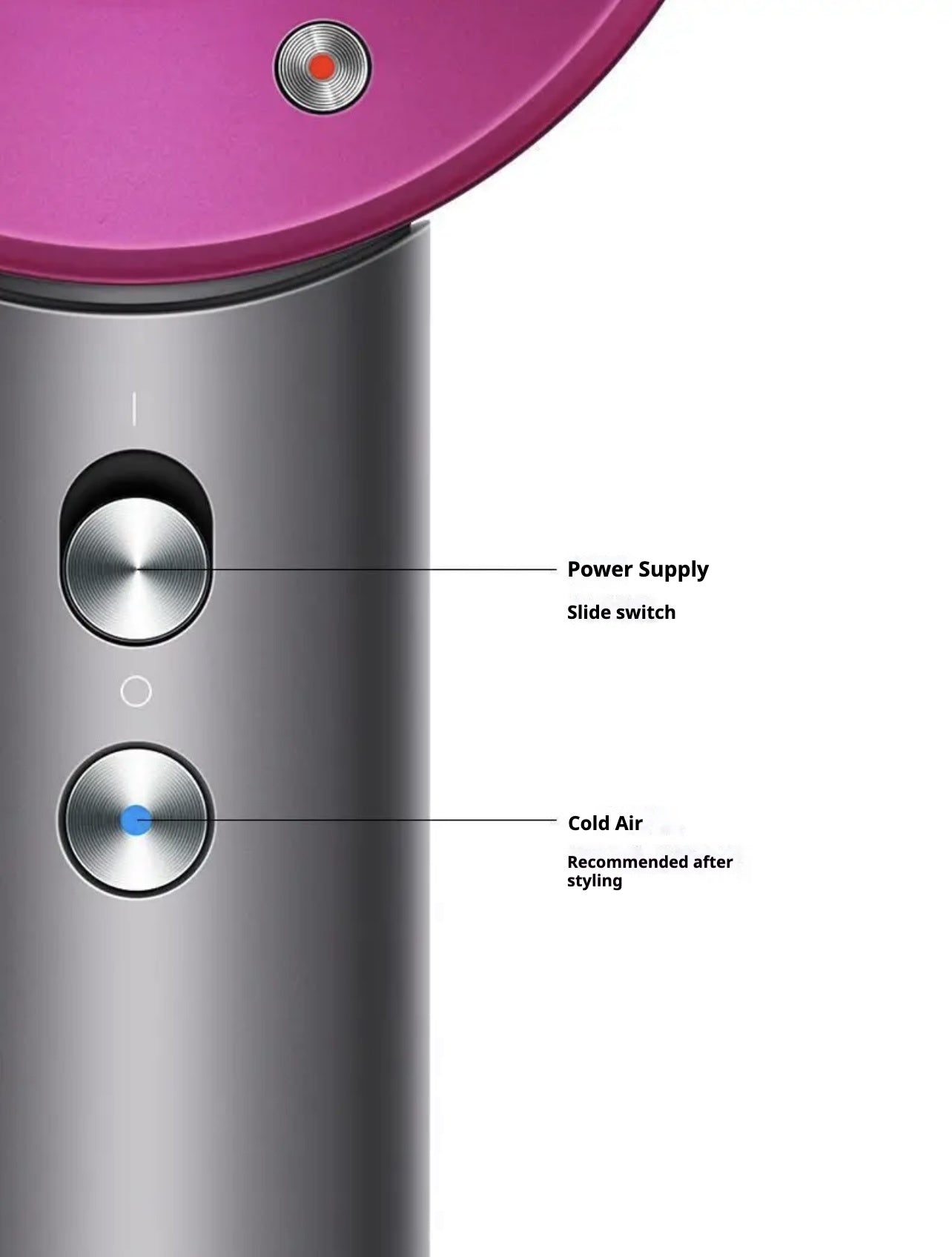 Image of a modern hair dryer with a unique hollow circular design at the front and a sleek matte finish. The front view shows the nozzle with a pink ring, while the side view highlights the cylindrical, compact shape. The dryer features multiple buttons and controls on the handle, with visible internal components, suggesting advanced technology for drying efficiency