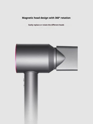 Image of a modern hair dryer with a unique hollow circular design at the front and a sleek matte finish. The front view shows the nozzle with a pink ring, while the side view highlights the cylindrical, compact shape. The dryer features multiple buttons and controls on the handle, with visible internal components, suggesting advanced technology for drying efficiency