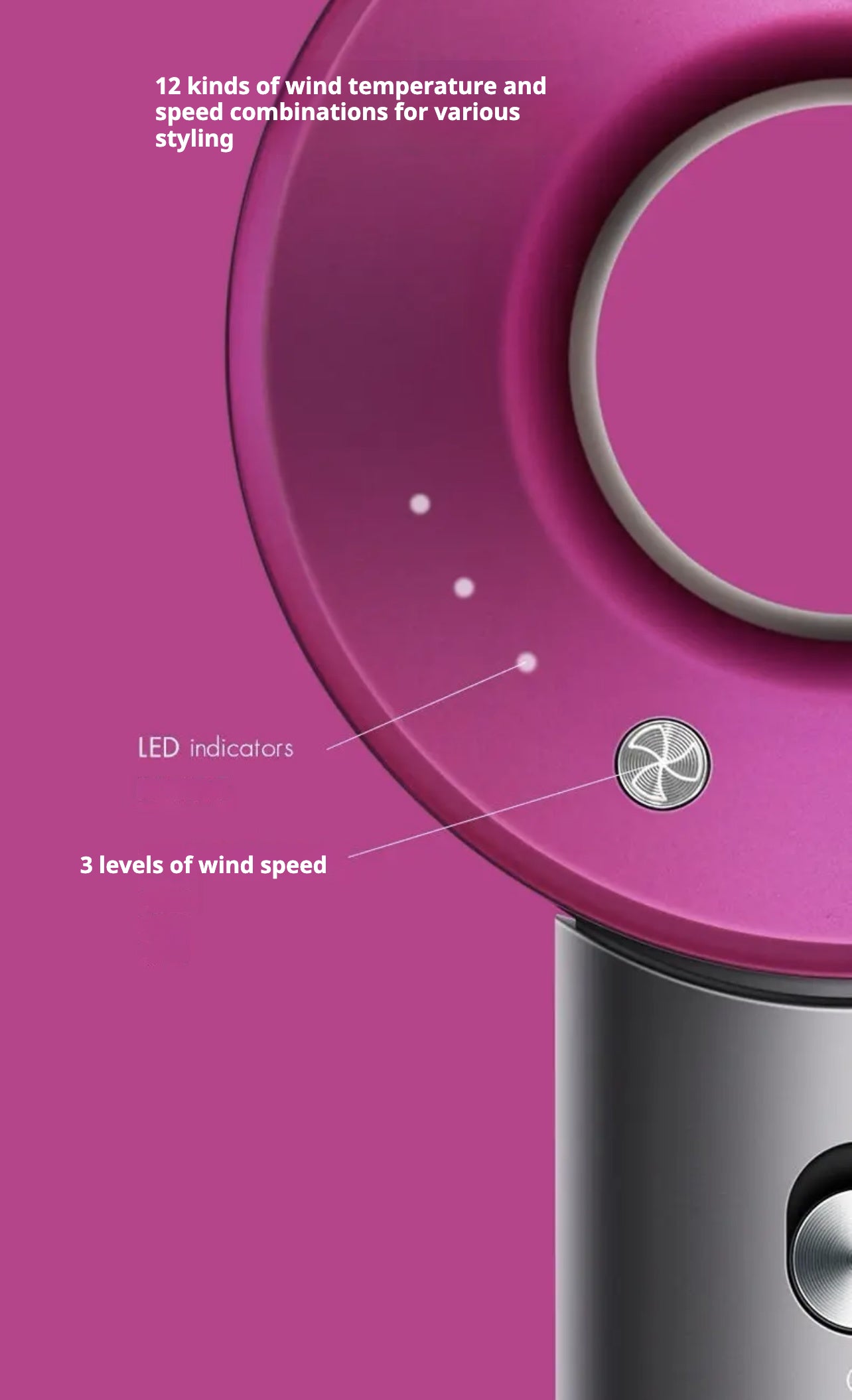 Image of a modern hair dryer with a unique hollow circular design at the front and a sleek matte finish. The front view shows the nozzle with a pink ring, while the side view highlights the cylindrical, compact shape. The dryer features multiple buttons and controls on the handle, with visible internal components, suggesting advanced technology for drying efficiency