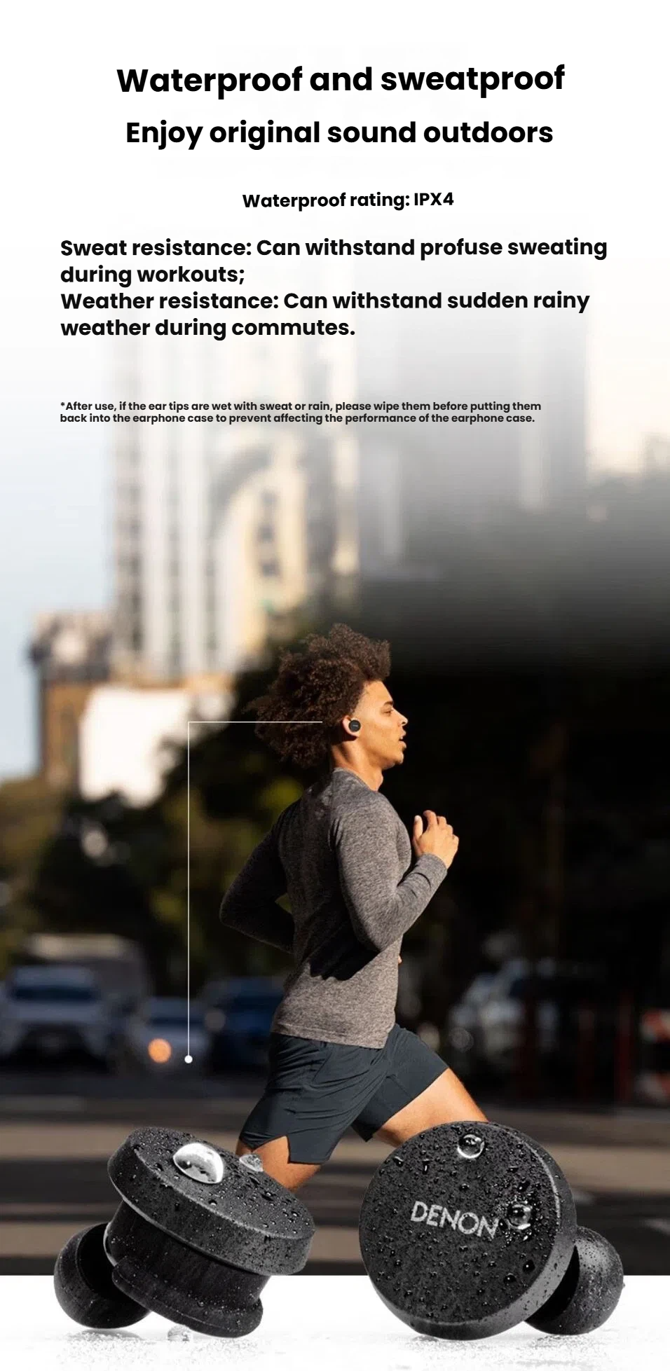 Denon PerL IPX4 sweat and weather resistance for workouts and commutes
