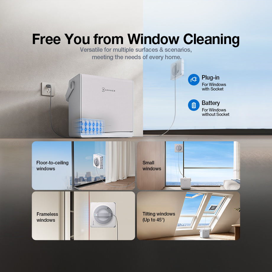 ECOVACS WINBOT W2S PRO OMNI Window Cleaning Robot – White – Framed and frameless window cleaning scenarios