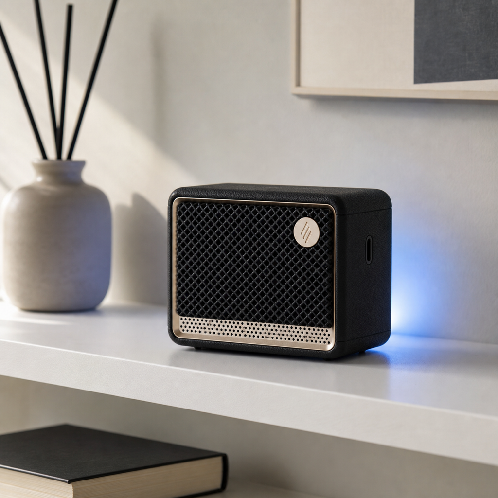 Edifier ES20 black Bluetooth speaker on a shelf