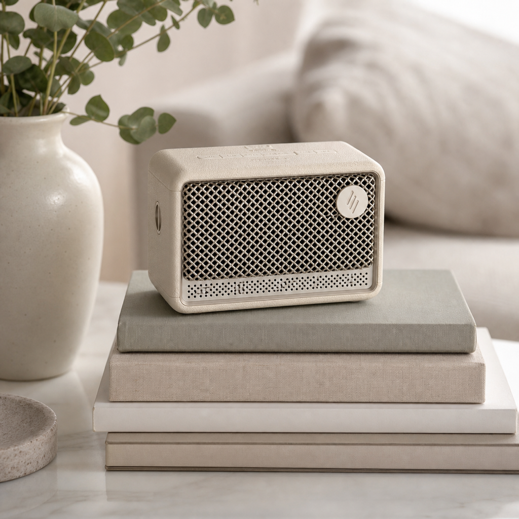 Edifier ES20 ivory Bluetooth speaker beside books