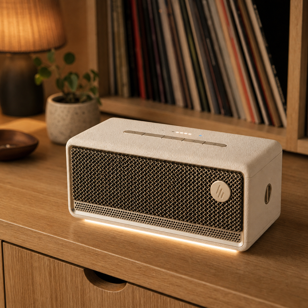 Edifier ES60 ivory Bluetooth speaker on a record shelf