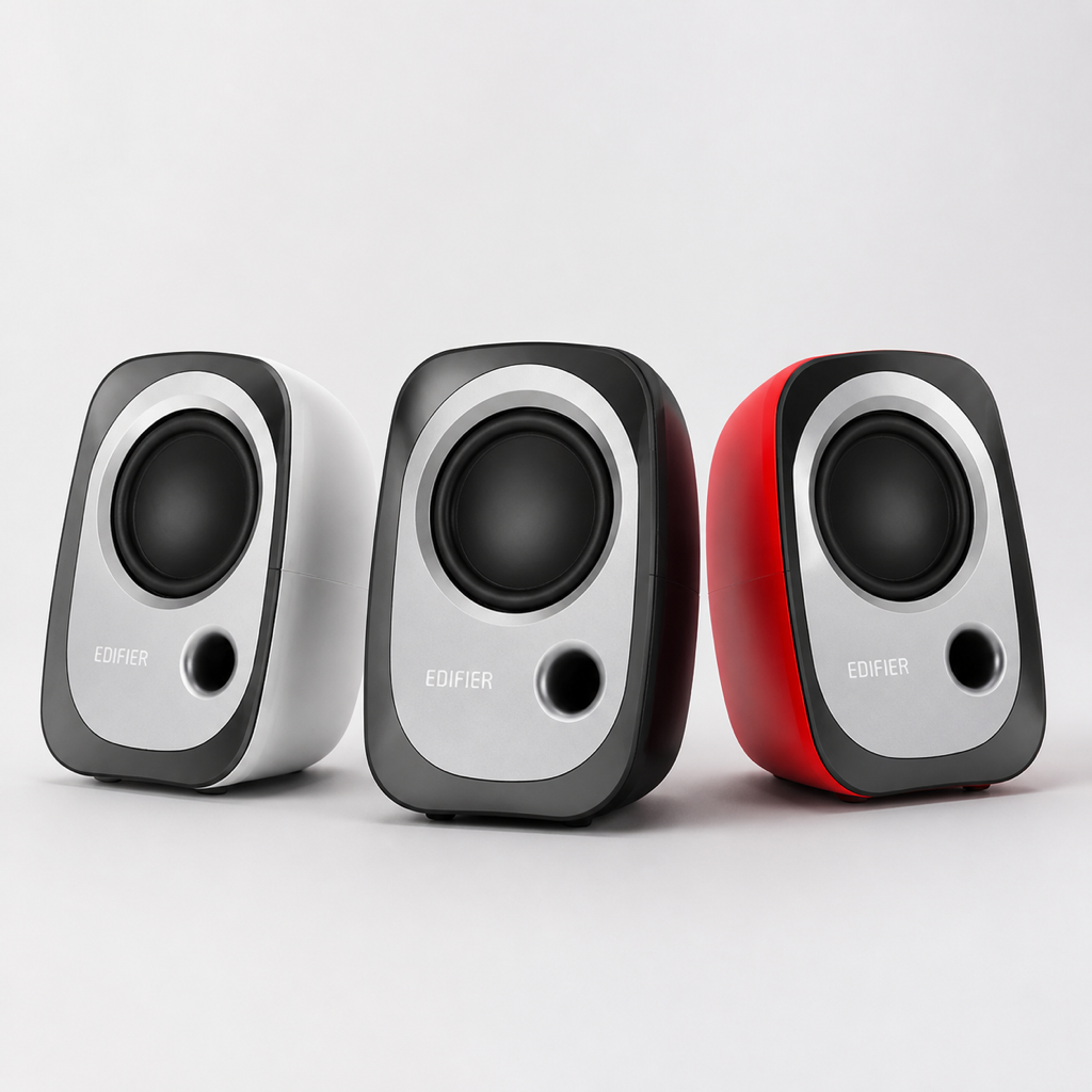 Edifier R12U USB computer speaker range shown in white, black and red