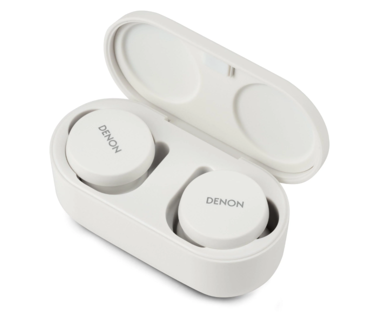 Denon PerL true wireless ANC earbuds White with charging case open