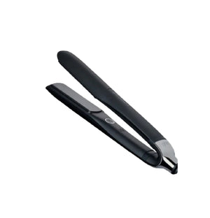 Black ghd Platinum+ Smart Styler displayed at an angle. Highlights ergonomic handle, digital power button, and ultra-thin floating plates for effortless glide.