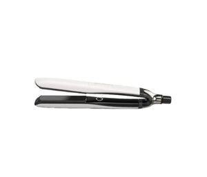 White ghd Platinum+ Smart Styler hair straightener shown from side angle. Features sleek design, dual-zone heating, and floating plates for smooth, frizz-free styling.