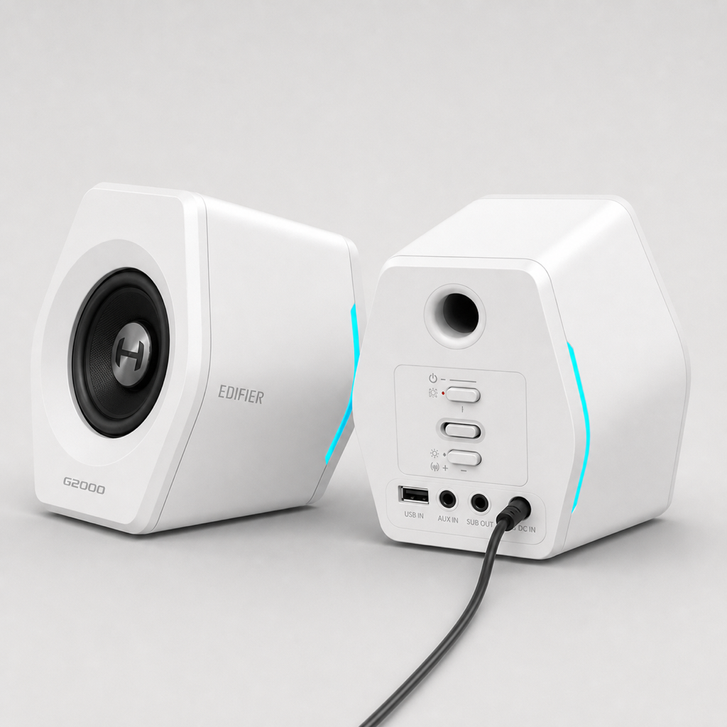 Hecate G2000 white speaker rear panel inputs and controls