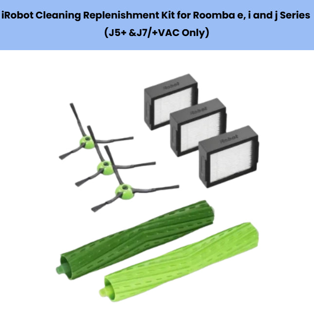 iRobot Roomba J5+ and J7+/+VAC replenishment kit – includes 3 side brushes, 2 anti-tangle main roller brushes, and 3 HEPA filters – genuine replacement parts for Roomba e, i, and j Series robots with vacuum function only
