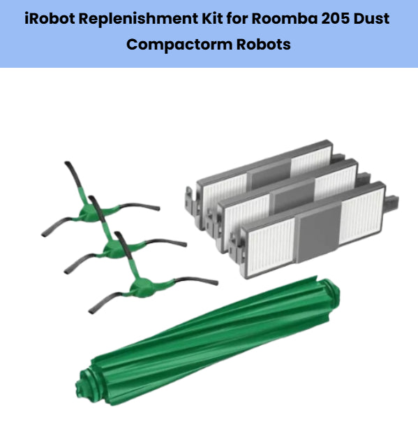 iRobot Roomba 205 Dust Compactor replenishment kit – includes 2 side brushes, 1 anti-tangle main roller brush, and 3 HEPA filters – genuine replacement parts for Roomba j7+, j9+ models
