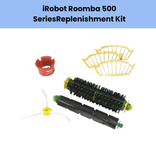 iRobot Roomba 500 Series replenishment kit – includes 2 yellow HEPA filters, 2 main brush rollers (bristle and rubber), 1 white side brush, and 1 red dust bin filter cover – genuine replacement parts for Roomba 530, 540, 550, 560, 570 models