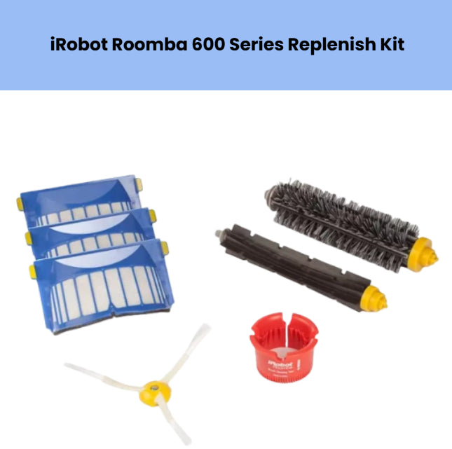 iRobot Roomba 600 Series replacement parts – 3 blue HEPA filters and 2 black main brush rollers with yellow end caps – compatible with Roomba 614, 620, 650, 690 models